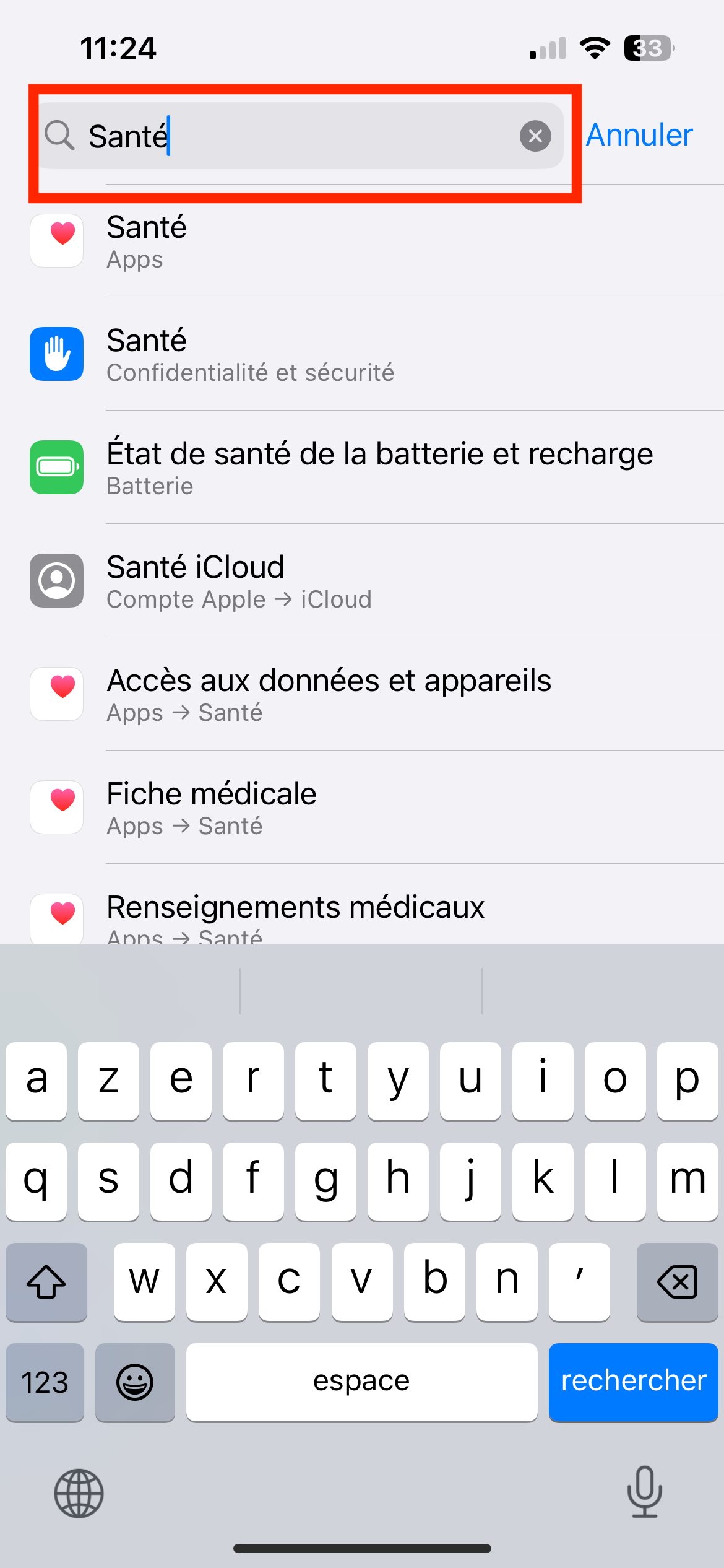 Recherche Santé dans les paramètres.png